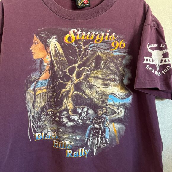 Vintage 1996 90s Sturgis Biker 3D Emblem Black Hills Rally Wolf L T-Shirt Crop - Picture 3 of 10